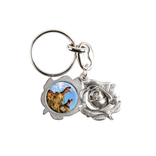 Porte-clés métal couleur argentée motif rose Ø 2,5 cm double face à personnaliser avec 2 résines