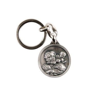 Porte-clés de saint Christophe en buste Ø 3 cm en métal couleur argentée.