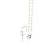 Chapelet grains nacres, Ø 5 mm, chaine couleur argentee avec fermoir,  longueur au cœur 28 cm, croix avec Christ plus boite.