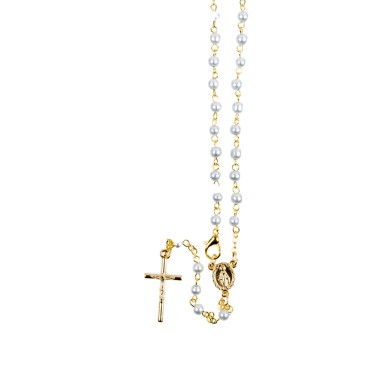 Chapelet grains nacres, Ø 5 mm, chaine couleur doree avec fermoir,  longueur au cœur 28 cm, croix avec Christ plus boite.