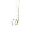 Chapelet grains nacres, Ø 5 mm, chaine couleur doree avec fermoir,  longueur au cœur 28 cm, croix avec Christ plus boite.