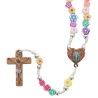 Chapelet pour enfant sur corde grains gomme en forme de fleur. Ø 8 mm, croix en bois et Christ imprimé