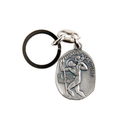 Porte-clés H. 3,8 cm en métal couleur argentée de saint Christophe stylisé Regarde la route.