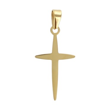 Croix de cou fine couleur dorée en acier inoxydable H. 2,4 cm.