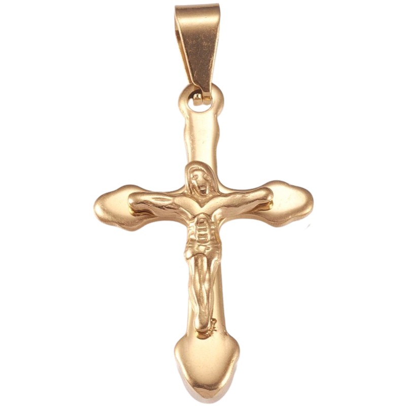 Croix de cou avec Christ couleur dorée en acier inoxydable H. 3,7 cm.