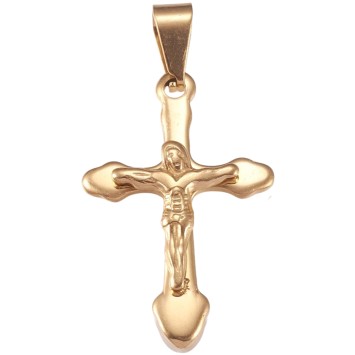 Croix de cou avec Christ couleur dorée en acier inoxydable H. 3,7 cm.