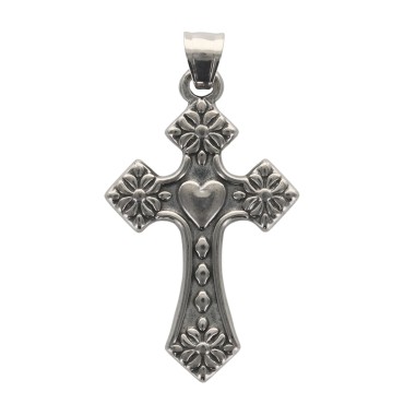 Grande croix de cou fleur et cœur couleur argentée en acier inoxydable H. 4.5 cm.