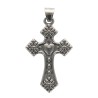 Grande croix de cou fleur et cœur couleur argentée en acier inoxydable H. 4.5 cm.
