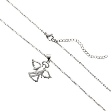 Collier avec chaine L.45 cm réglable jusqu a 50cm avec ange strass H.2 cm en acier inoxydable argenté, livrée en pochette