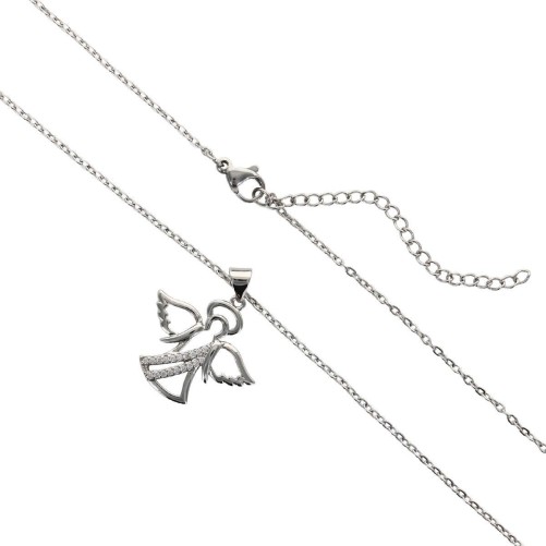 Collier avec chaine L.45 cm réglable jusqu a 50cm avec ange strass H.2 cm en acier inoxydable argenté, livrée en pochette