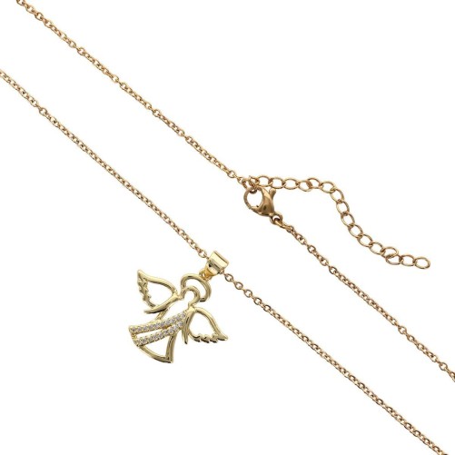 Collier avec chaine L.45 cm réglable jusqu'a 50cm avec ange strass H.2 cm en acier inoxydable dorée, livrée en pochette.