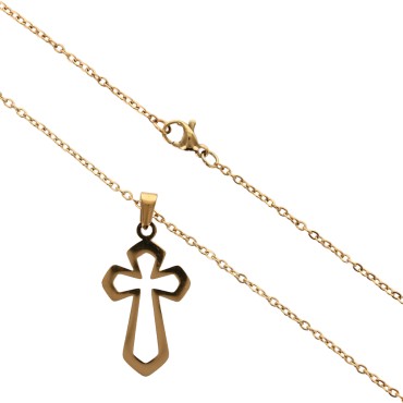 Collier avec chaine L.45 cm avec croix stylisee ajouree H.2.5 cm en acier inoxydable de couleur dore, livree en pochette