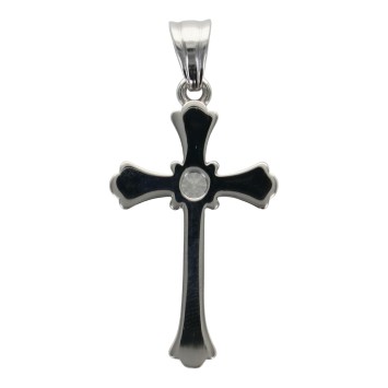Croix de cou de couleur argentee en acier inoxydable centre zirconium H. 3 cm.