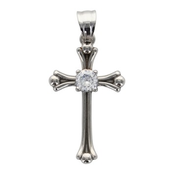 Croix de cou de couleur argentee en acier inoxydable centre zirconium H. 3 cm.