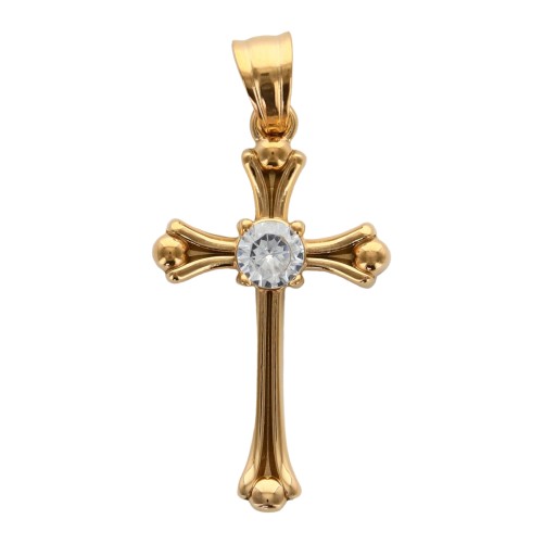 Croix de cou de couleur doree en acier inoxydable centre zirconium H. 3 cm.