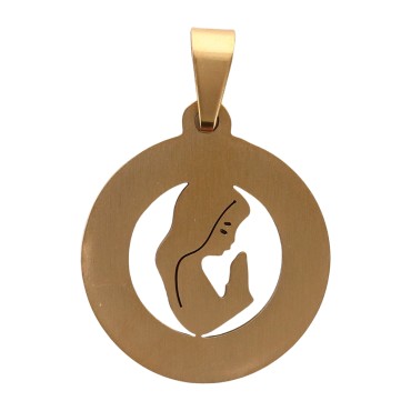 Medaille de la vierge en priere en coquille d eau douce et acier inoxydable dore , Ø 2 cm.
