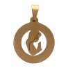 Medaille de la vierge en priere en coquille d eau douce et acier inoxydable dore , Ø 2 cm.