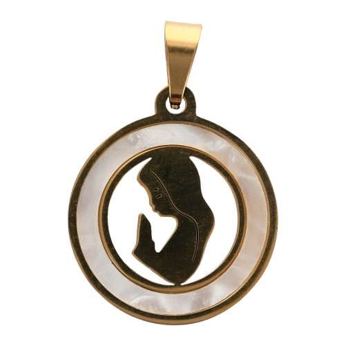 Medaille de la vierge en priere en coquille d eau douce et acier inoxydable dore , Ø 2 cm.
