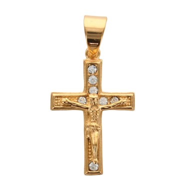 Croix de cou doree en acier inoxydable avec christ ornee de zirconium H. 3,5 cm.