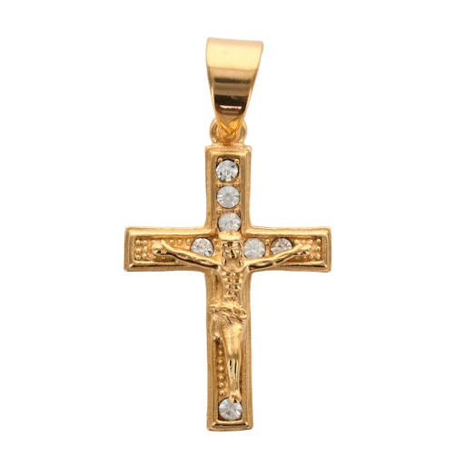 Croix de cou doree en acier inoxydable avec christ ornee de zirconium H. 3,5 cm.