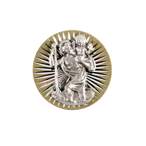 Plaque auto de saint Christophe Ø 3 cm en alu couleur dorée striée.