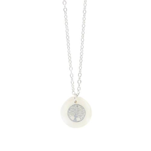 Pendentif rond en nacre et arbre de vie en acier inoxydable H. 1,6 cm avec chaine couleur argentee 45 cm.