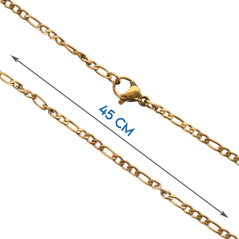 Chaine en acier inoxydable couleur doree maille figaro largeur 2 mm, L. 45 cm.