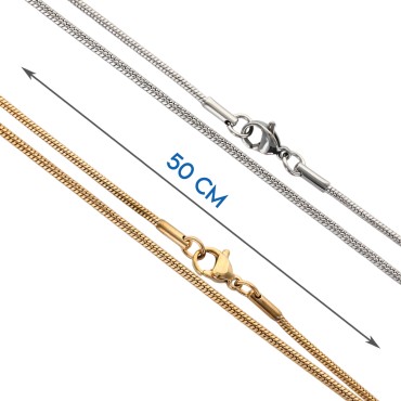 Chaine en acier inoxydable, doree et argentee, maille serpent, L. 50 cm, Maille  Ø 1.5 mm. LOT DE 20