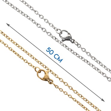 Chaine en acier inoxydable, doree et argentee maille forcat, fermoir homard L. 50 cm, Maille Ø 1.5 mm.. LOT DE 20