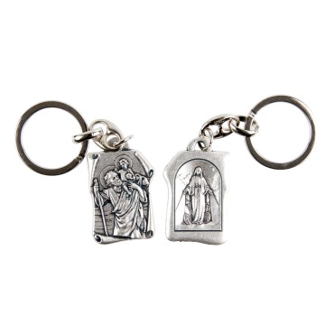 Porte-clés parchemin H. 3,2 cm double face saint Christophe / Vierge Miraculeuse.