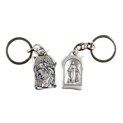 Porte-clés parchemin H. 3,2 cm double face saint Christophe / Vierge Miraculeuse.