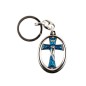 Porte-cles ovale H. 3,9 cm argente avec croix ajouree, emaillee bleue avec Christ.