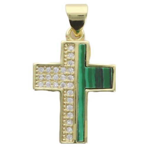Croix de cou laiton dore moitie strass, moitie pierre couleur emeraude H. 2 cm. LOT DE 5