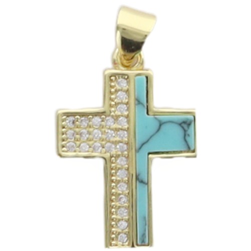 Croix de cou laiton dore moitie strass, moitie pierre couleur turquoise H. 2 cm. LOT DE 5