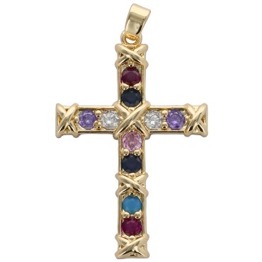 Croix de cou dore superieur sertie de zircons de differentes couleurs. H 3 cm