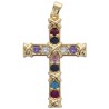 Croix de cou dore superieur sertie de zircons de differentes couleurs. H 3 cm
