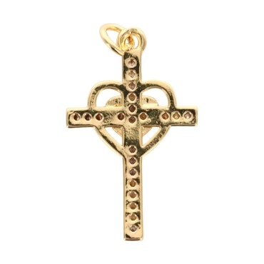 Croix de cou doree superieur avec starss et coeur entrelace, H. 2,5 cm.