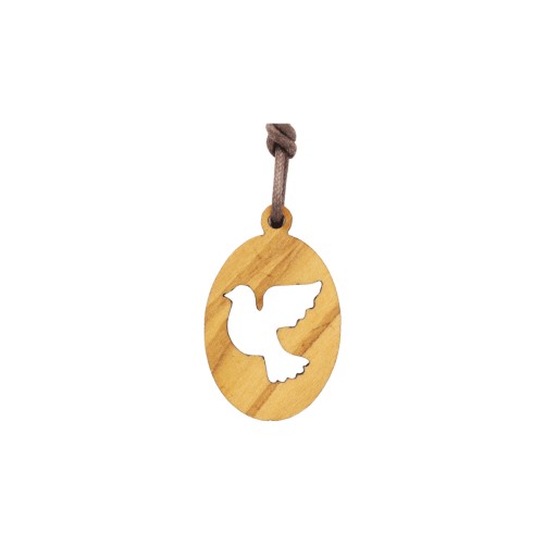 Pendentif en bois colombe ajourée H. 2.5 cm avec cordon 70 cm.