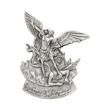 Plaque auto silhouette de saint Michel H. 4 cm en métal couleur argentée.