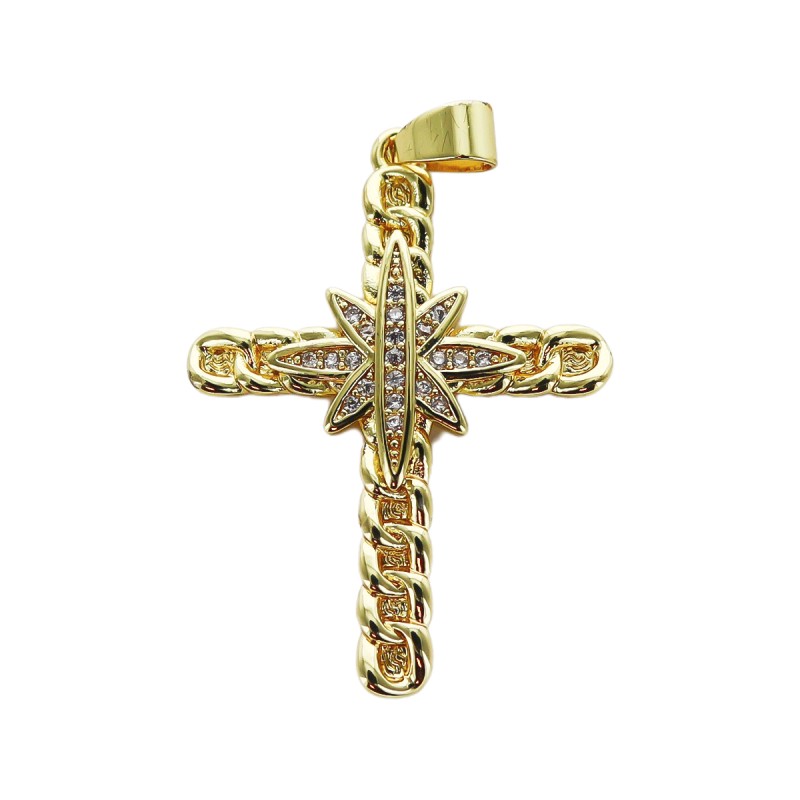 Croix de cou torsadee, doree superieur avec zircon au centre H. 3,5 cm.