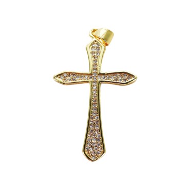 Croix de cou arrondie, doree superieur avec zircon H. 3,6 cm.