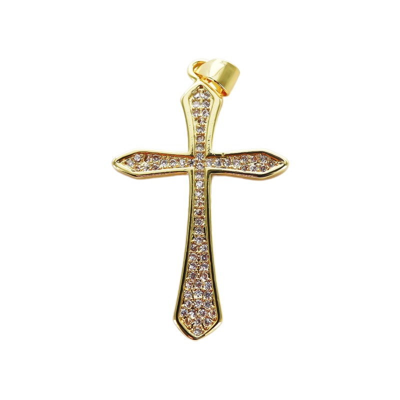 Croix de cou arrondie, doree superieur avec zircon H. 3,6 cm.