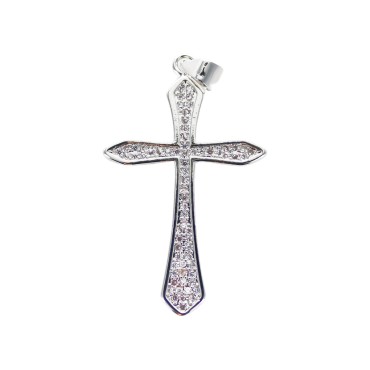 Croix de cou arrondie, laiton plaque platine avec zircon H. 3,6 cm.