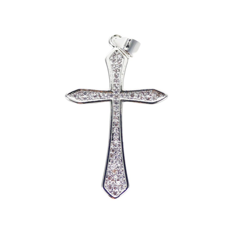 Croix de cou arrondie, laiton plaque platine avec zircon H. 3,6 cm.