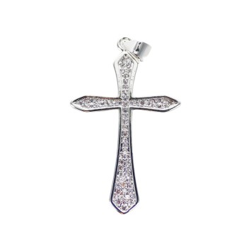 Croix de cou arrondie, laiton plaque platine avec zircon H. 3,6 cm.