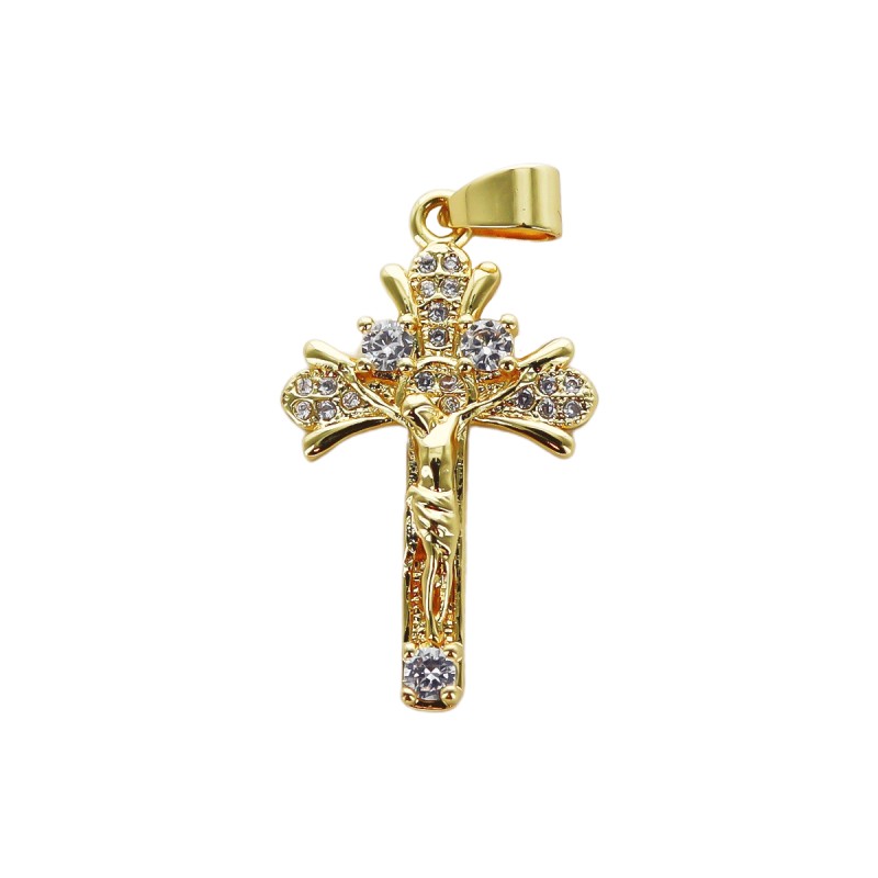 Croix de cou doree superieur avec christ et petit zircon sertie H. 3,0 cm.
