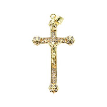 Croix de cou doree superieur style orthodoxe avec Christ et zircon H. 3,5 cm.