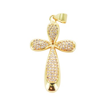Croix de cou doree superieur forme trefle avec zircon H. 3,1 cm.
