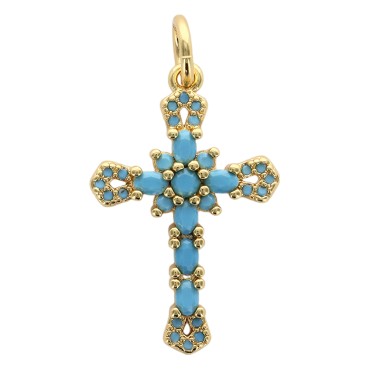 Croix de cou doree superieur avec zircons. Hauteur 2.2 cm. LOT DE 10 COULEURS ASSORTIS.