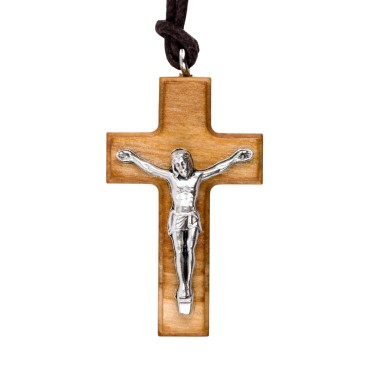 Croix de cou épaisse en bois d' olivier avec Christ métal H. 4 cm et cordon cuir 70 cm.